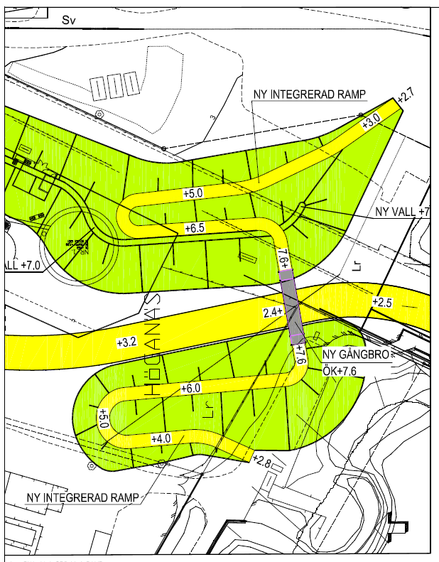 Förslag planskild korsning Cykelväg (gul) på
