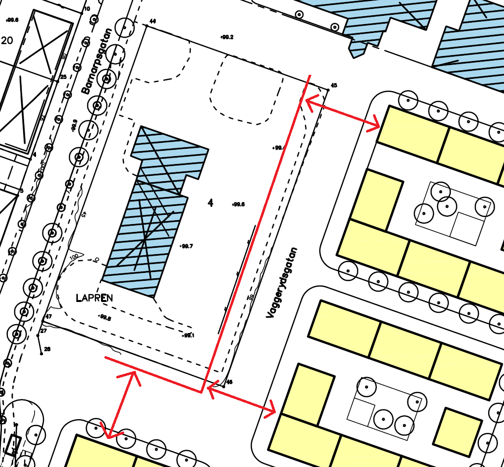 25 m 25 m 25 m Bild 7 Tänkta bostadshus samt avståndet 25 meter från bostäder utritat,