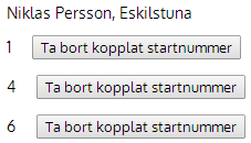 Efter att sammankopplingen har skett visas den aktuella skyttens namn (som hämtas från det första startnumret) och sedan vilka startnummer som har kopplats samman.