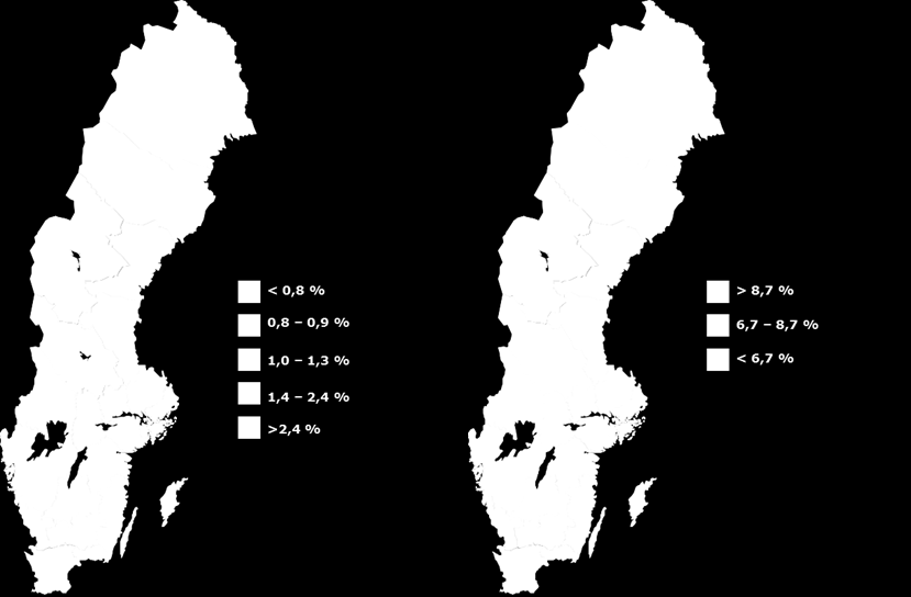 Förväntad procentuell sysselsättningsförändring (16-64 år) mellan kvartal 4 2015 och kvartal 4 2016 Inskrivna arbetslösa 16-64 år som andel av registerbaserad arbetskraft, prognos kvartal 4 2016 AB