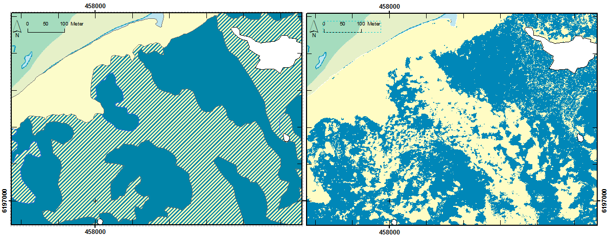 Figur 5-3 Jämförelse mellan manuell översiktlig tolkning (tv) och aggregerad ostyrd klassificering (t.h.) av bottentyp i bilder från 2010.