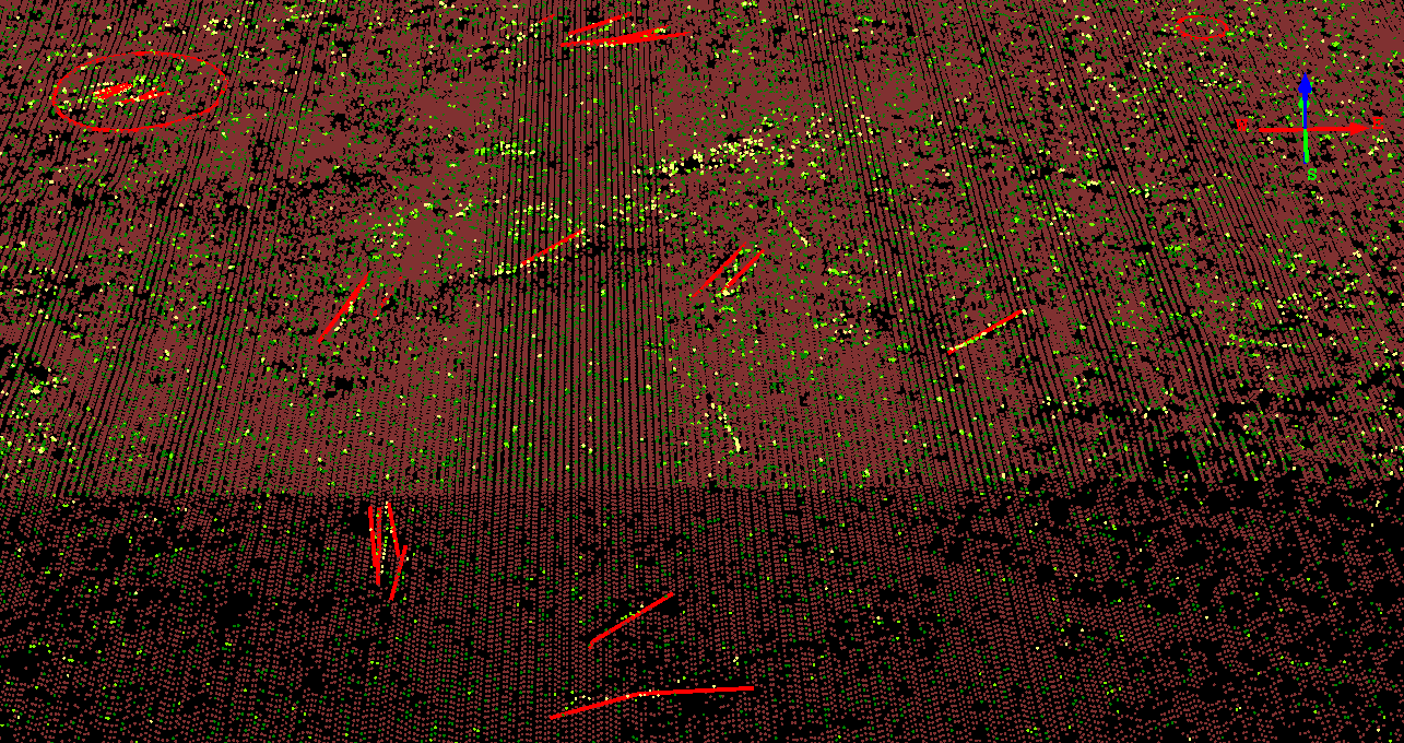 Figur 5-7 Övre bilden utgör utsnitt ur det filtrerade punktlasermolnet (NNH med 0,5 pt/m²) där alla punkter > 3 m från markytan har filtrerats bort.