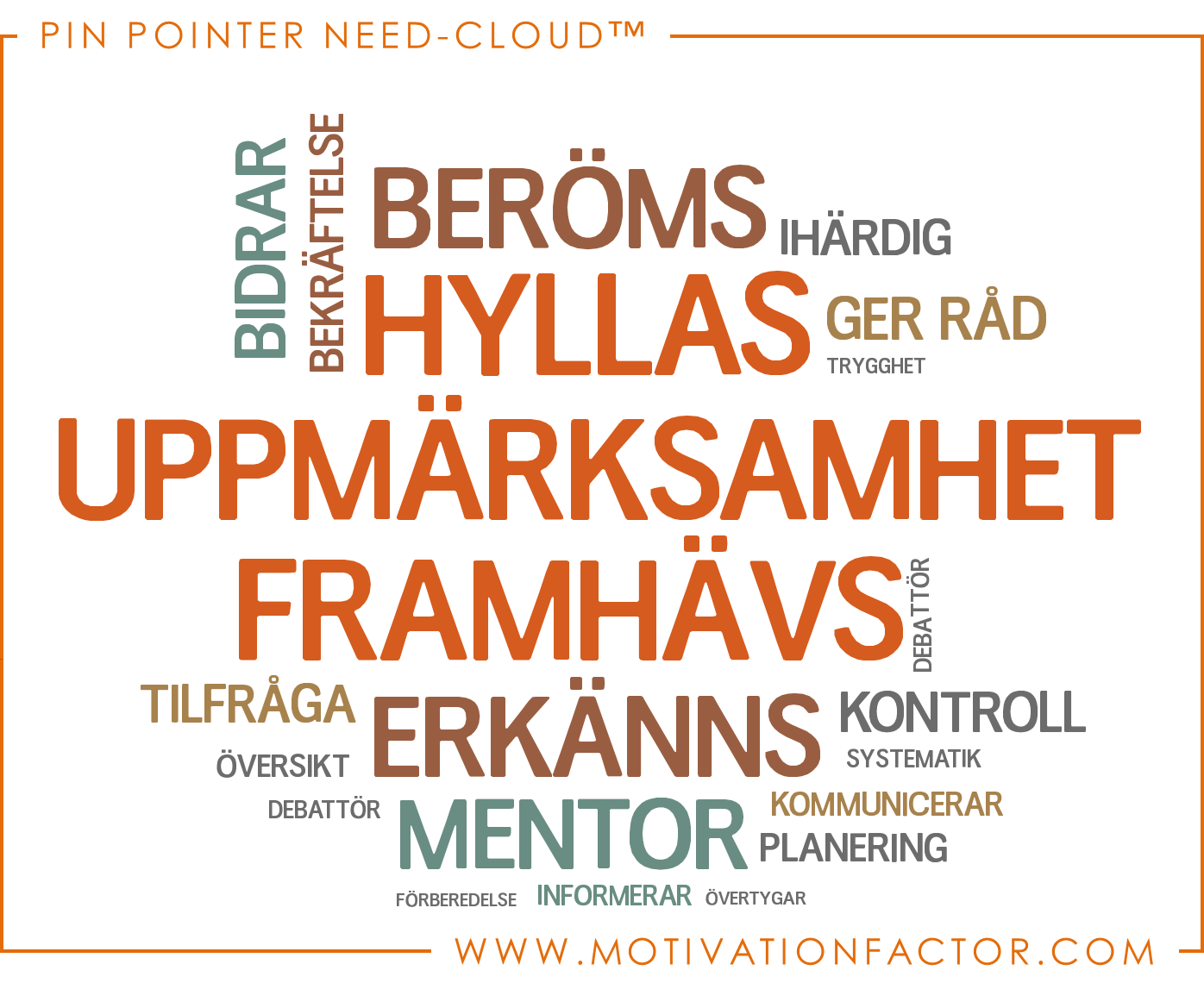 Behov (forts.) Need-Cloud Nedan associeras dina topp 5 behov i en serie av värdeladdade ord, vilket är grafiskt representerade i bilden.