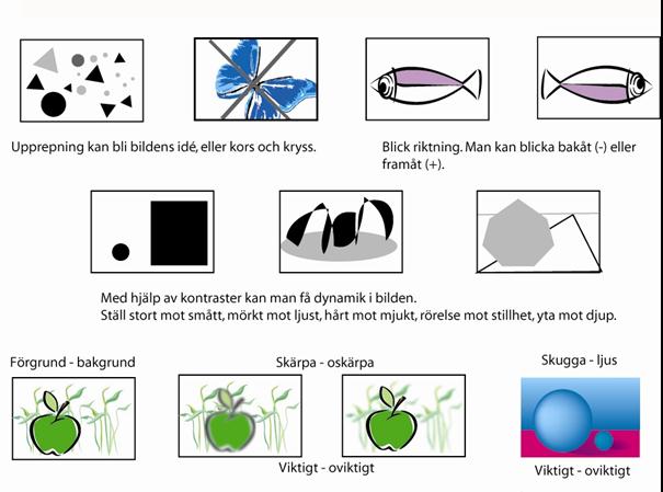 Gyllene snittet Gammalt proportionsförhållande. Den mest harmoniska kompositionen statisk, stilla, ingen rörelse med vackra proportioner. Bildas av talföljden 2,3,5,8,13 osv.