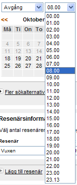 Steg 1: Köpa resa I det exempel som visas här vill vi köpa en resa från Malmö Centralstation till Stockholms Centralstation med avresa Fredagen 12:e Nov ca kl 8 och hemresa från Stockholm Söndagen