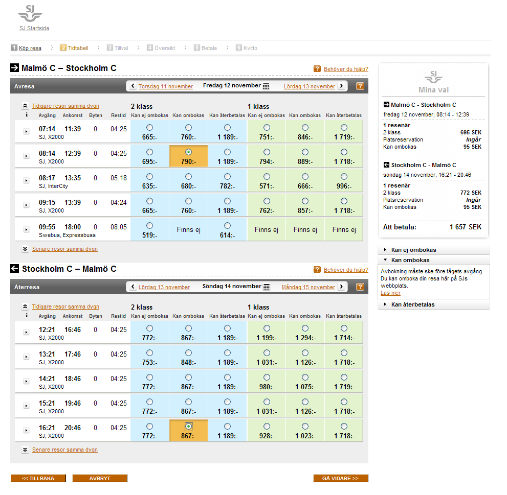 Steg 2: Tidtabell När man fyllt i sina kriterier för resan och tryckt på Gå vidare >> anländer man till steg 2 Tidtabell.