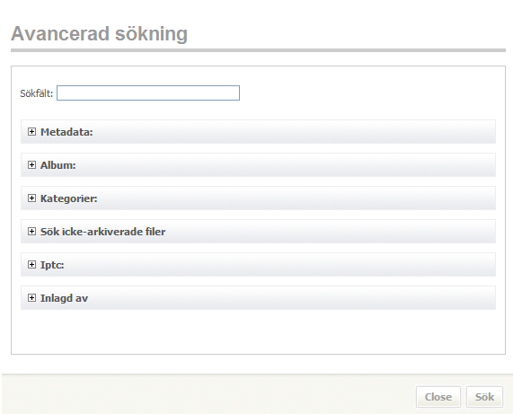 8. Söka efter filer Oavsätt vilken läge i ImageVault man befinner sig i kan man söka efter filer i Sök-delen. Vill man söka efter en fil skriver man de ord som beskriver filen i textfältet.