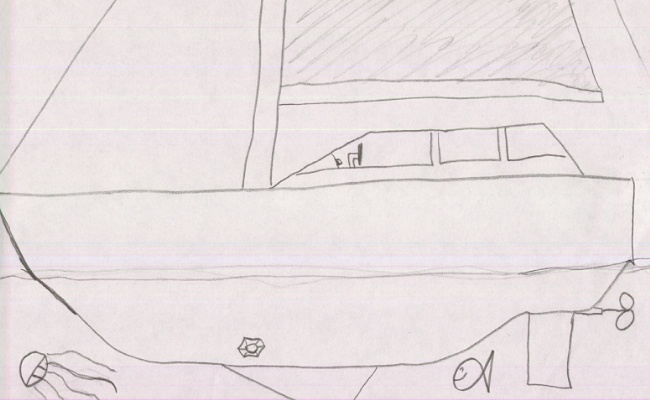 Martin 9 år har också skissat lite. April 1999 Konstruktionsarbetet går vidare. Under ett par veckors tid har jag och Farbror Tom diskuterat olika sätt att konstruera den uppfällbara kölen.