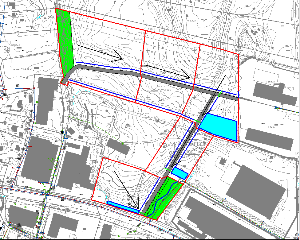 Samråd\v2 150316.doc 5.3.1 Alternativ A: allt dagvatten söderut Alternativ A redovisas i tabell 5 och figur 13. Planområdet är höjdsatt på ett sådant sätt att samtliga ytor kan avvattnas söderut.