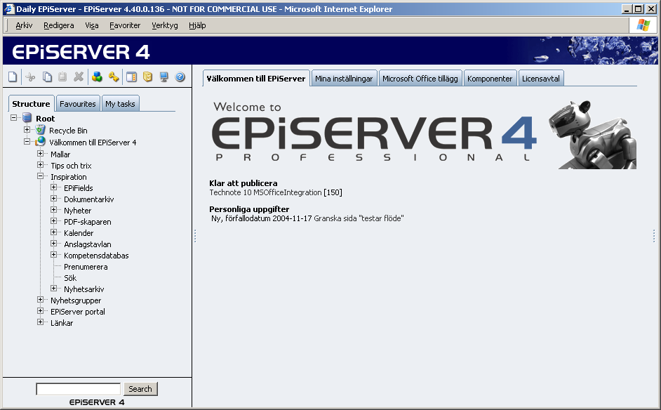Kom igång med EPiServer 17 Kom igång med EPiServer Logga in EPiServer är ett webbpubliceringssystem som inte kräver speciellt mycket av vare sig dig som redaktör eller hård- och mjukvara på din dator.
