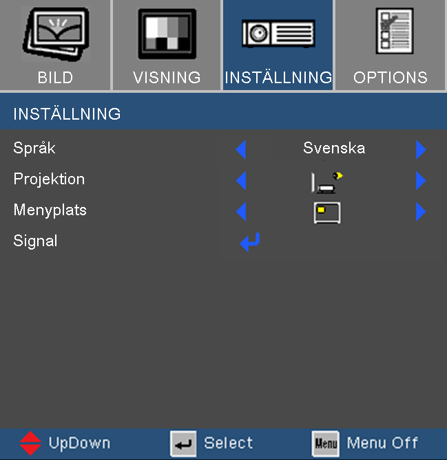 Användarkontroller Inställning Projektion Skrivbord-fram Fabriksinställningen.