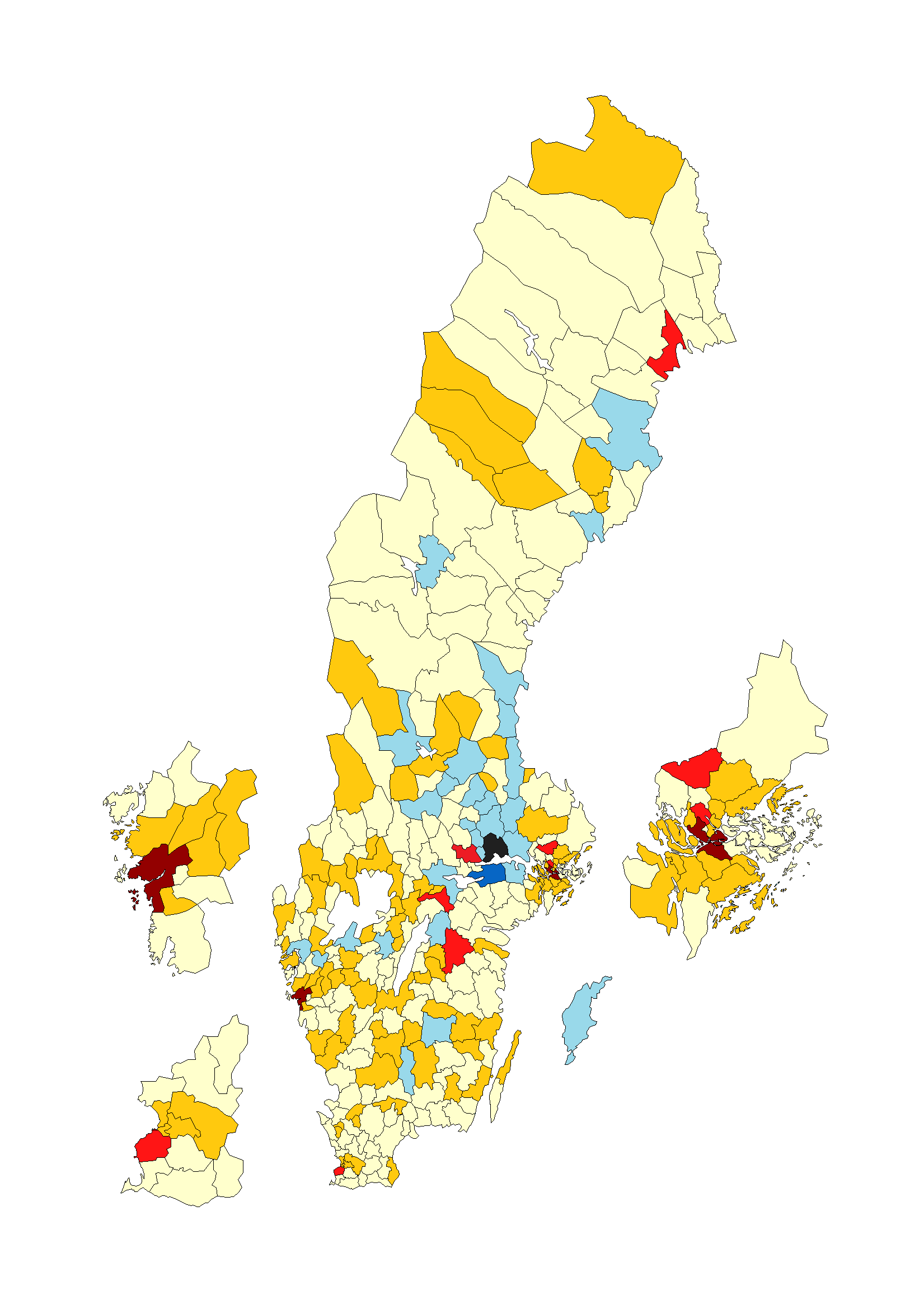 Figur 12 Västerås flyttnetto mot övriga kommuner i Sverige (indelat efter storleken på flyttnettot), år 2013 (Blå = Flyttvinst över 10 resp
