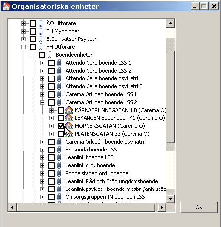 13 Klicka på knappen Organisation Veckla ut organisationsträdet och markera enheten (ex. Mörnersgatan). Klicka OK.
