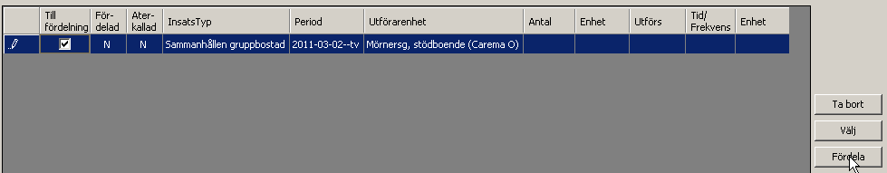 3 Dubbelklicka på en insats i listan. Välj Utförarenhet och sätt Genomförande fr o m. [info överläggning] På överlagda (gamla) ärenden sätter du beslutsperiodens stardatum. Som i exemplet.