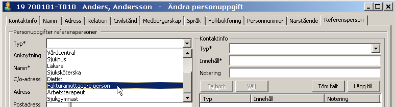 5 Personuppgifter lägg till fakturamottagare och god man På arbetsytan visas Personuppgifter. Dubbelklicka på en uppgift, enligt bilden nedan. Personuppgiftsbilden öppnas för redigering.