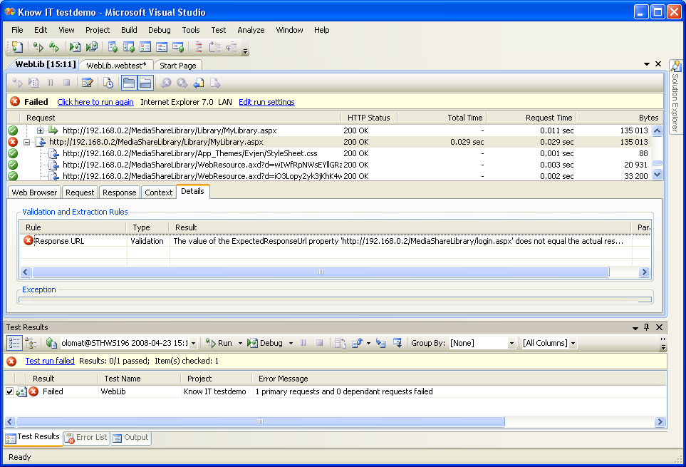 Belastningstester med Visual Studio 2008 - Web tester Kontrollera att skriptet fungerar Det vanligaste problemet är hårdkodade dynamiska värden Ibland behöver man dubbelkontrollera med