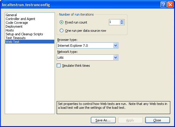Belastningstester med Visual Studio 2008 - Gränssnittet Test Run Configuration Styr hur testerna