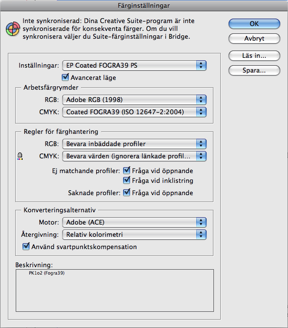 Indesign Innan du startar ditt dokument ska du ha rätt färginställningar för ditt jobb. Börja med att stänga ner samtliga öppna dokument i Indesign. Gå in under Redigera > Färginställningar.