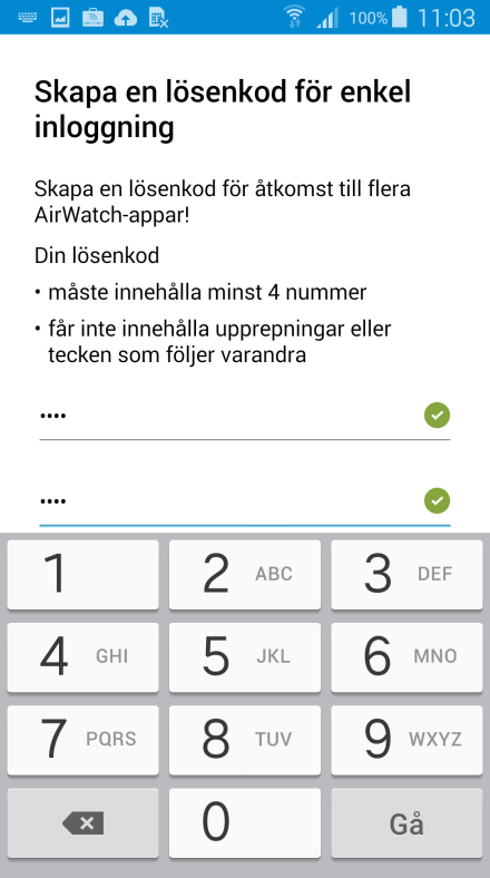 GUIDE TES-MOBIL 7 Skapa en fyrsiffrig kod för inlogg mot container och CareApp. Följ anvisningarna på skärmen.