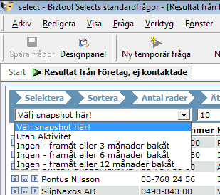 Kapitel 3: Jobba med frågor För att öppna en fråga dubbelklickar du på densamma. Du kan i resultatet välja att filtrera, söka, sortera eller ändra antalet poster som skall visas åt gången.