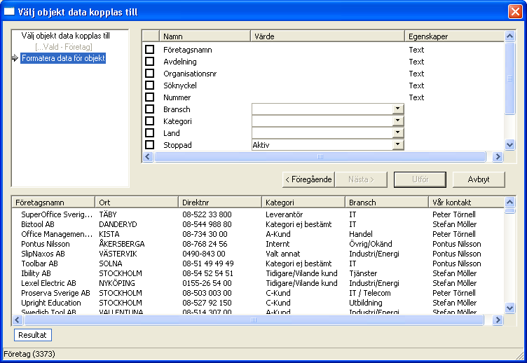 Massuppdatera I Biztool Select kan du massuppdatera all information som finns i SuperOffice. Gör en selektering för att få fram de företag du vill massuppdatera.