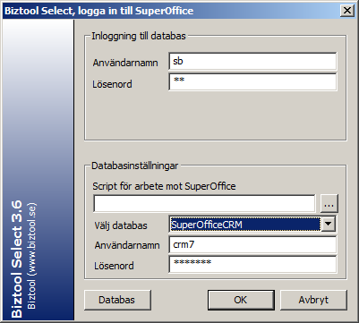 Kapitel 2: Kom igång med Biztool Select Välj databas och databaskoppling För att börja arbeta i Biztool Select måste du först logga in och bestämma vilken databas Biztool Select skall jobba mot.