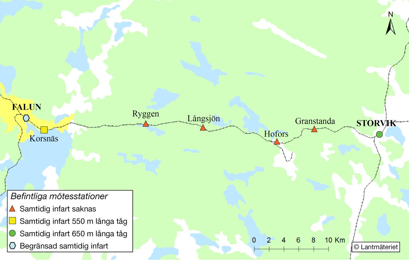 2. Med stationssträcka avses sträckan mellan två mötesstationer. Figur 2.2. Schematisk bild av dagens järnvägssystem Falun-Storvik med avstånd mellan stationerna.