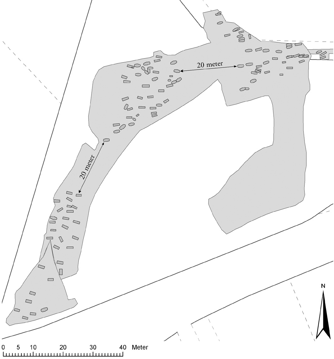 Figur 14 De undersökta gravarna i kvarteret Nunnan 1982-87 samt avståndet mellan gravgårdarna (efter Kjellström 2005:13).