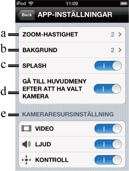 [SPLASH] Ställer in om splash-skärmen ska visas efter att appen har startats. d. [GÅ TILL HUVUDMENY EFTER ATT HA VALT KAMERA] Ställer in huruvida kontrollskärmen ska visas efter val av kamera.