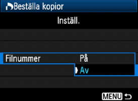 ) Ställa in utsriftsalternativ Välj [Beställa opior]. 1 På flien [3] väljer du [Beställa opior] och trycer sedan på <0>. 2 Välj [Inställ.]. Välj [Inställ.] och tryc sedan på <0>.