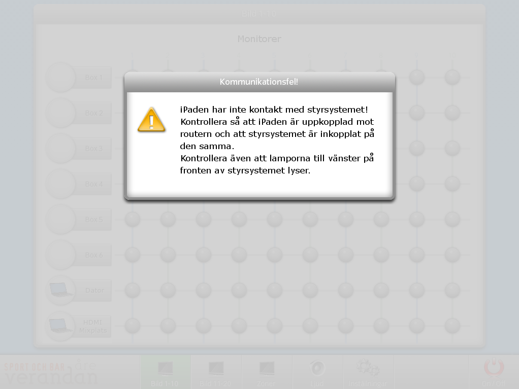 Vid kommunikationsfel mellan gränssnitt och systemcontroller visas detta meddelande.