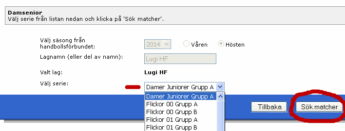 Sid 4 Välj säsong samt lagnamn (eller del av lagnamn) och klicka på Sök Lag. Välj därefter lag från listan och klicka på Sök serie.