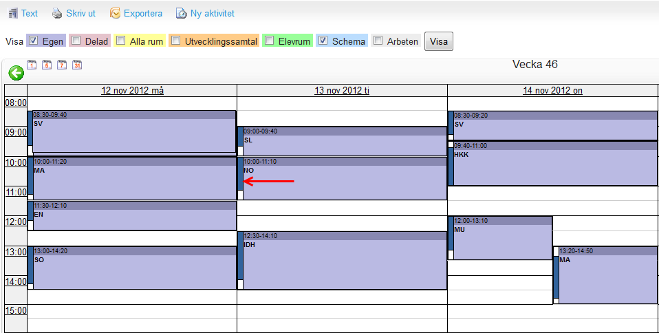 Sida 8/21 3.2 Planering 3.2.1 Faktisk tid visas i kalendern vid kalender- och schemaaktiviteter Nu visas den faktiska tiden med en färgmarkering för varje kalenderaktivitet eller schemaposition.