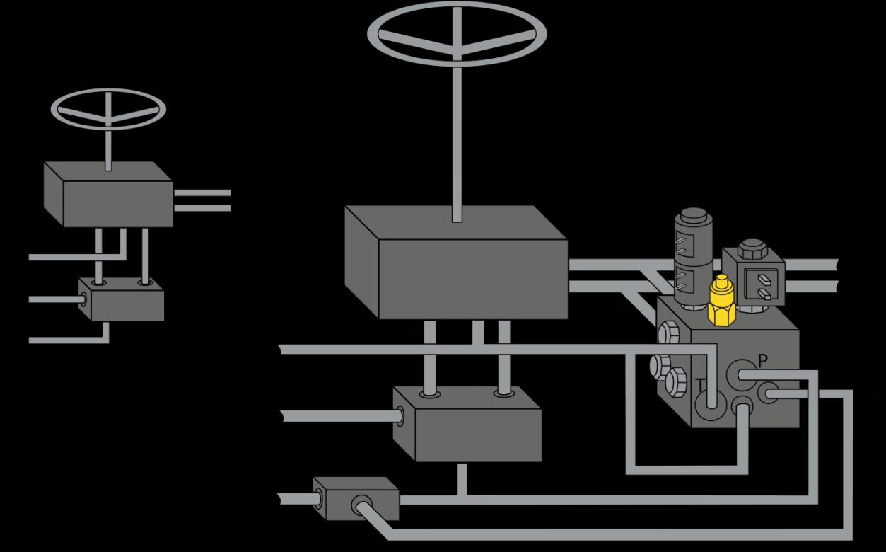 MONTAGE AV SYSTEMET 4.3.1.5. Anslutning hjulstyrningshydraulik - LS-system Om CF/LS från prioriteringsventilen (2) är svåra att komma åt används denna inkoppling.