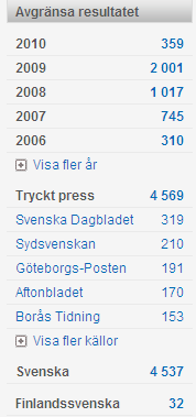 När du gjort en sökning visas resultatet i en träfflista med den senaste källan först. Sökfältet finns kvar i bild för att förändra sökningen.