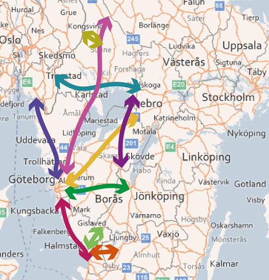 Göteborg-Trollhättan-Mellerud- Torsby länsgräns Dalarnas län (E45) Stråk 6 Göteborg-Alingsås-Skaraborg - länsgräns Örebro län (E20) Stråk 7