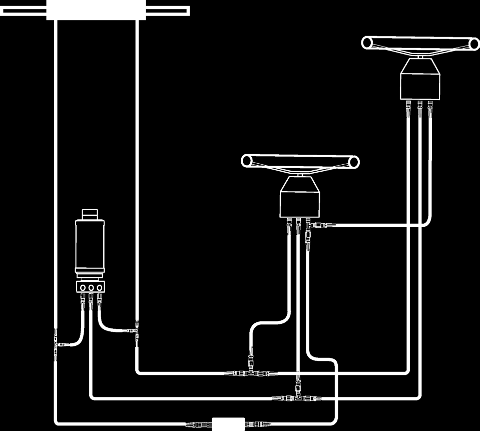 Schema för dubbelroder utan servo Styrbordsledning Returledning Babordsledning Shadow Drive-enhet Pump Nedre roder Övre roder Styrcylinder Faktorer att ta hänsyn till vid installationen En