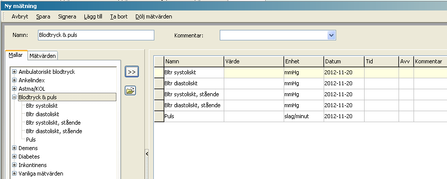 Mätvärde I modulen Mätvärde registreras olika typer av mätningar och resultaten från dessa. T.ex. Ambulatoriskt blodtryck, Ankelindex och Blodtryck & puls.