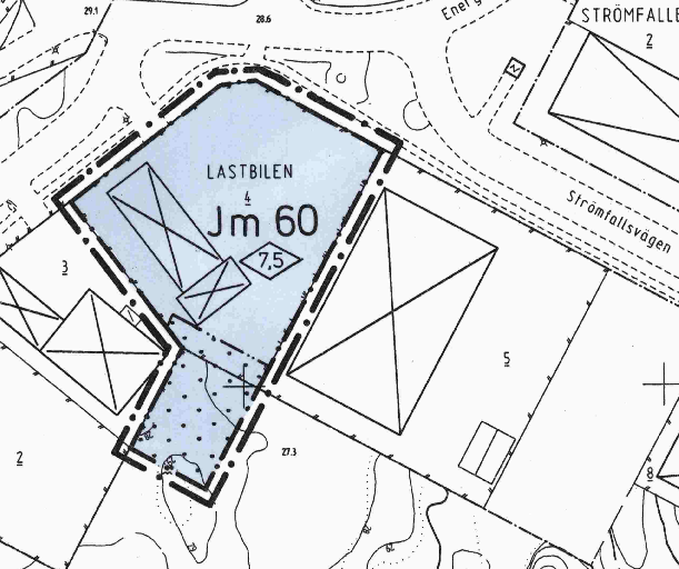 5/14 Gällande detaljplan för fastigheten Lastbilen 4. I detaljplanens södra del framgår det område som idag är belagt med byggnadsförbud genom s.k. prickad mark.