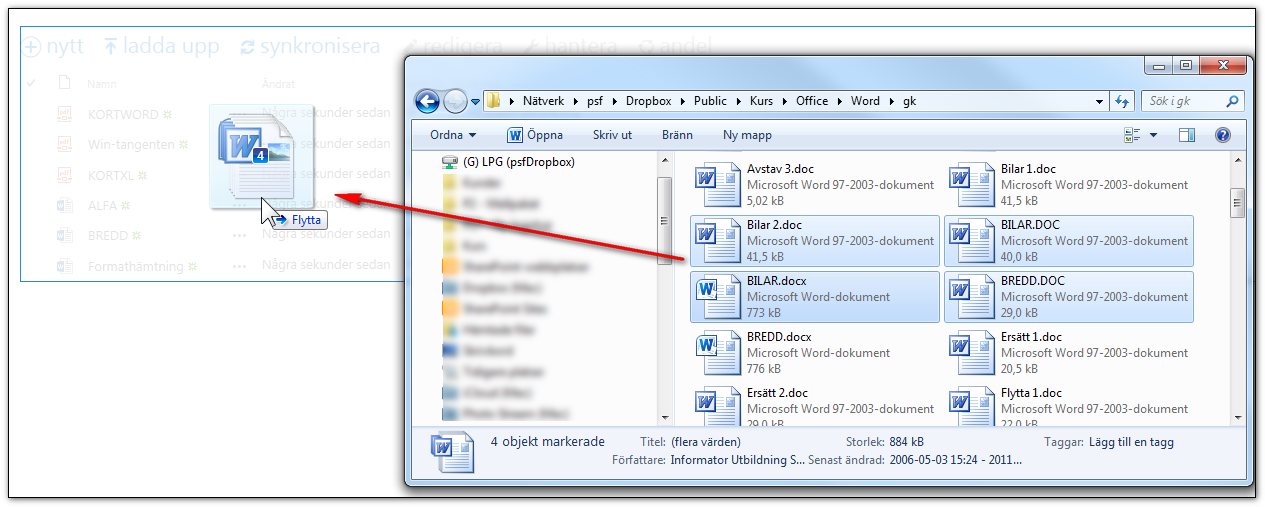 5 4) Avsluta med knappen Öppna Dra in filer till OneDrive 1) I ett Utforskarfönster (Den här datorn) välj en eller flera filer 2) Dra in dom markerade filerna till OneDrive, ungefär till området nytt