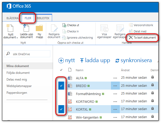 6 Byta namn på filer 1) Markera filen som skall få nytt namn 2) Välj menyfliken Filer 3) Klicka på knappen Redigera egenskaper 4) Skriv det nya namnet och