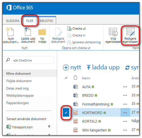 7 Byta namn på fil 1) Markera en fil med en bock framför filnamnet 2) Välj menyfliken Filer 3) Välj Redigera egenskaper 4) Skriv det nya filnamnet 5) Avsluta med Spara Ladda ner filer från OneDrive