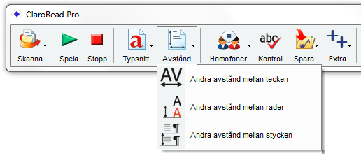 4 (6) Anpassa text Ändra textstorlek, typsnitt och bakgrundsfärg Då du har öppnat ett Word-dokument tänds ikonen för Typsnitt och Avstånd på ClaroReads verktygsrad. 1.