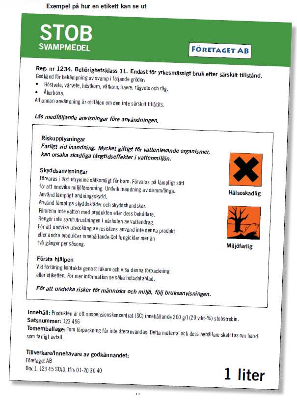 Exempel ytterligare namn Krav på utökad märkning Utöver märkning enligt KIFS 2005:7 och CLP Information om registreringsnummer, behörighetsklass, första hjälpen, användningsområde, avfallshantering