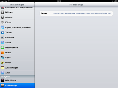 Innan FormPipe Meetings kan börja användas måste adressen till ärendehanteringssystemet anges i appen.