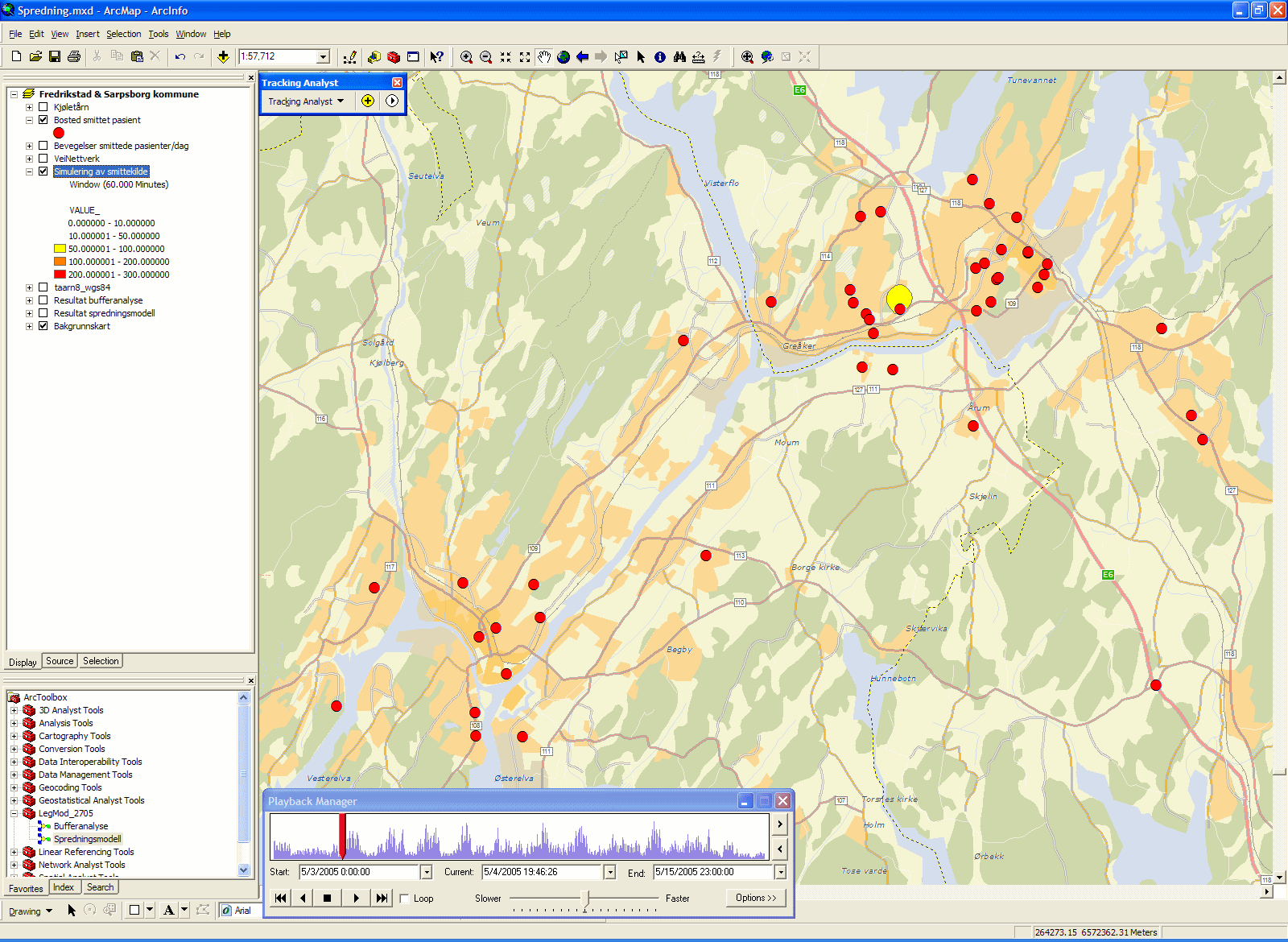 Spridningssimulering från NILU baserad på vinddata Tore Jensen, Geodata Eksempel