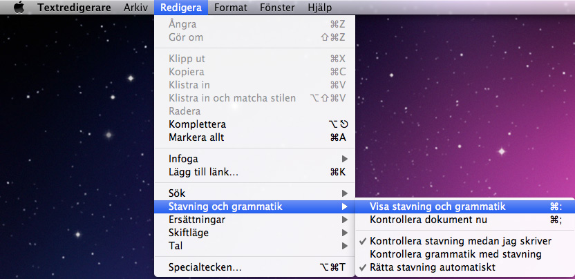 Systemets stavningskontroll kan man starta via Macprogrammets meny under Redigera.