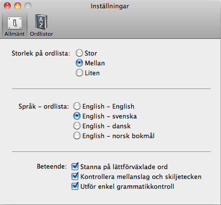 Inställningar Du kan ändra inställningar i SpellRight genom att klicka på menyraden (SpellRight/ Inställningar) eller använda snabbkommandot, (kommando+kommatecken)