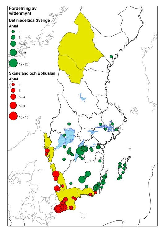 Spridningen av witten följer i stora drag den allmänna spridningen av hanseatiska mynt från den här perioden.
