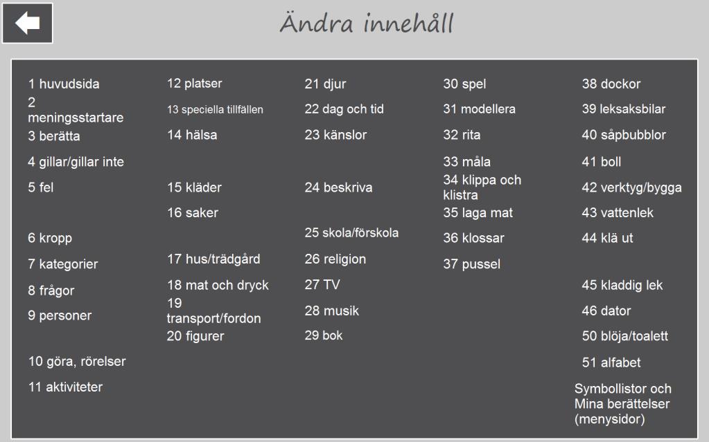 6 Ändra innehåll När man trycker på Ändra innehåll visas denna vy: Innehållet i denna vy kommer att ändras beroende